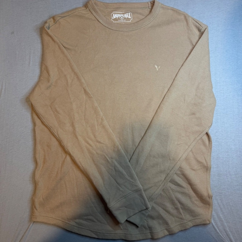 American Eagle Mens Large Tan Waffle Knit Thermal Long Sleeve Crew Neck Shirt